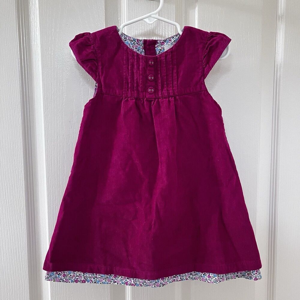 JoJo Maman Bebe Cranberry Corduroy Floral Lined Dress Girls Size 18-24 Months